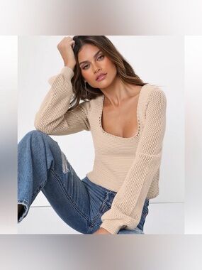 Lulu's Tan Scoop Neck Sweater Best Essence Beige Knit Long Sleeve New NWT 2025